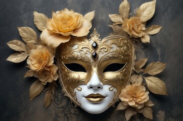 Elegant gold and white masquerade mask adorned with roses and leaves against a dark backdrop