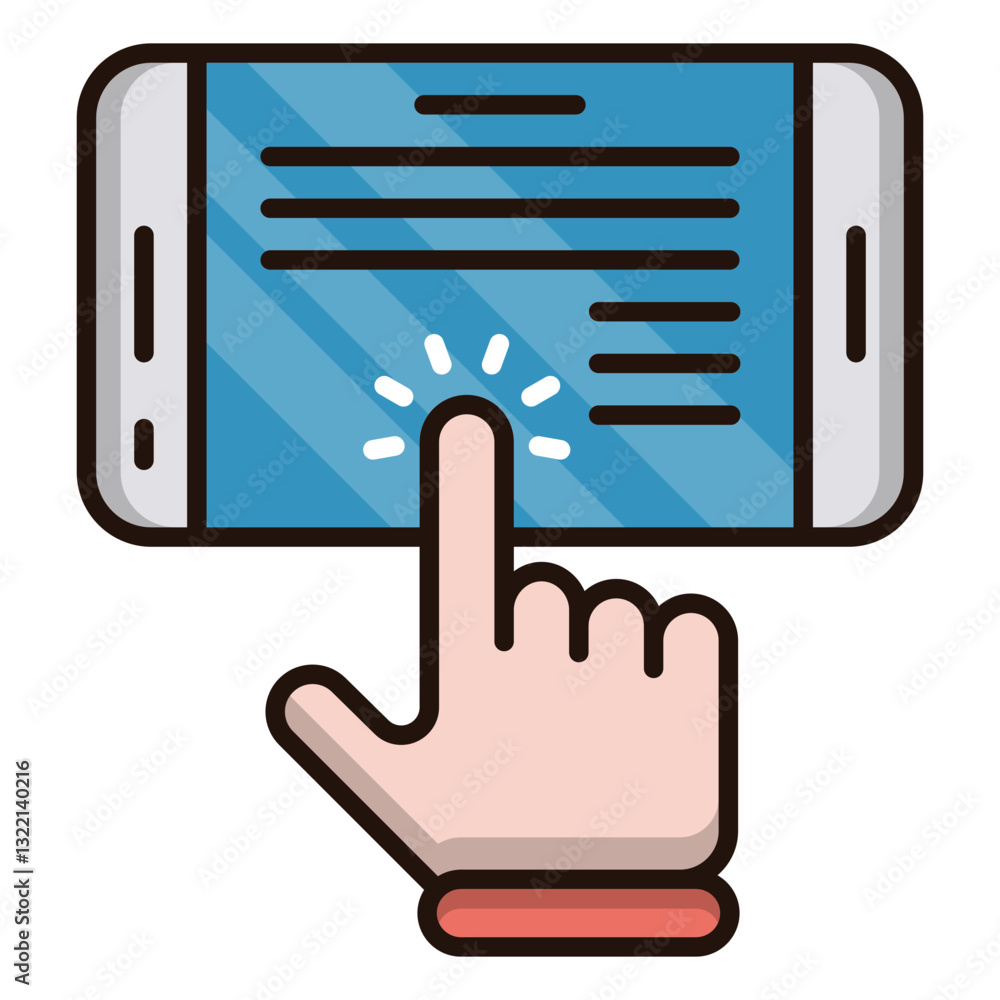 Poster a finger taps a smartphone screen, accessing information in a clean, bright interface with simple, b