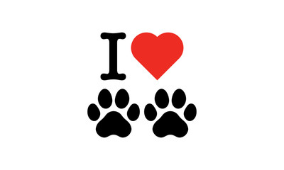 I Love Dogs Paw Print Silhouette Red Heart Black Lettering Vector T-Shirt Design
