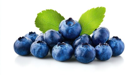 Fototapeta premium Fresh blueberries with leaves. A cluster of plump, juicy blueberries, vibrant dark blue color, resting on a white background. Two fresh green leaves are atop
