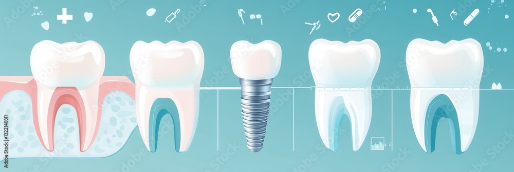 Poster step by step process of dental implant placement demonstrated in a smooth infographic style with blu