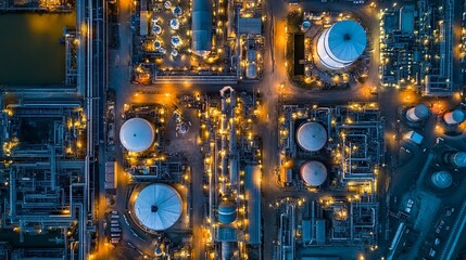 Fototapeta premium A business and industrial area with a production plant for the transportation and export of crude oil and gas, filmed at night by a drone