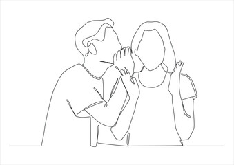 Continuous one line art of Woman and man are whispering.  A man whispers to a woman's ear, she opened her mouth in surprise.