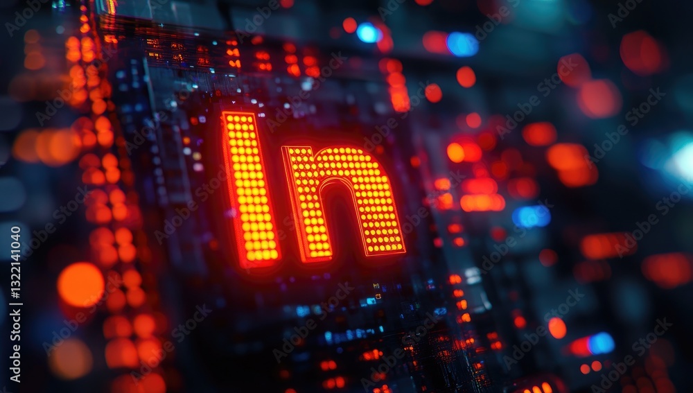 Aufkleber abstract close-up of a glowing red letter n on a circuit board, with bokeh lights in the background
