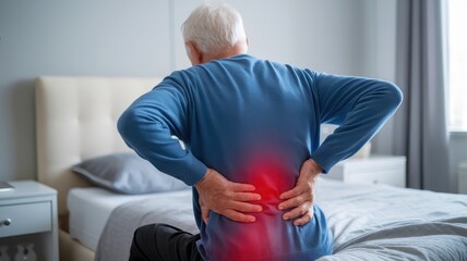 Elderly Man Experiencing Severe Lower Back Pain Sitting on Bed