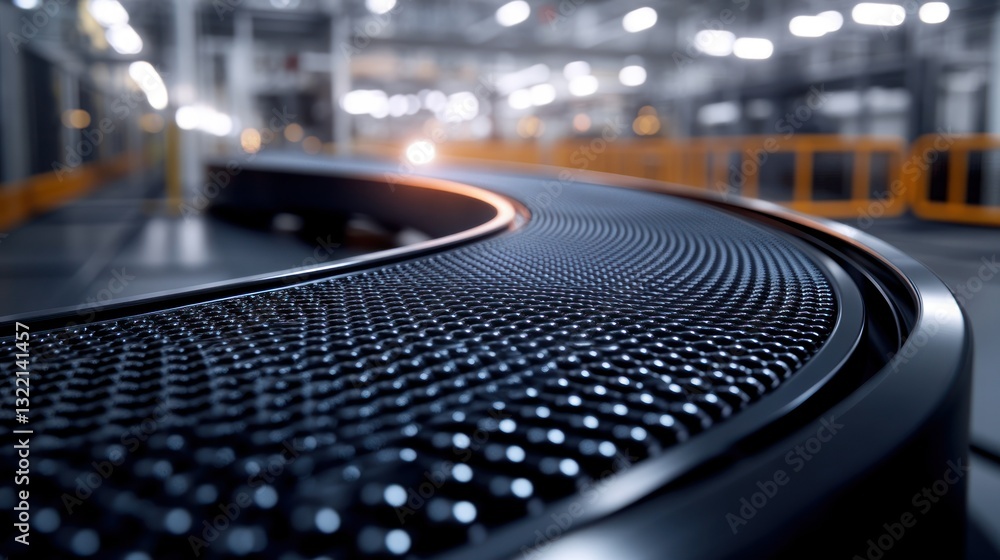 Poster conveyor belt curve in factory. blurred background and metallic structure