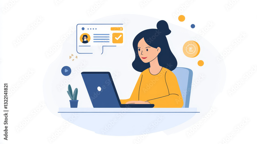 Poster customer support. call center operator sitting at desk with laptop and communication with clients in