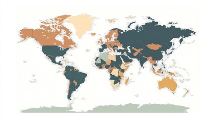 World map showing different colored regions
