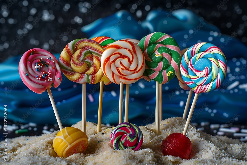 Poster an arrangement of colorful lollipops in different shapes and sizes, standing upright in a jar filled