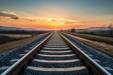 Fototapeta premium Endless railway tracks stretching towards a vibrant sunset, symbolizing journey and hope.