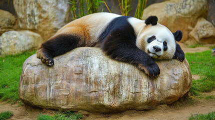 Obraz premium giant pandas resting on a large rock under sunlight in a lush green habitat, adorable black and white bears lounging in nature, wildlife photography of endangered species