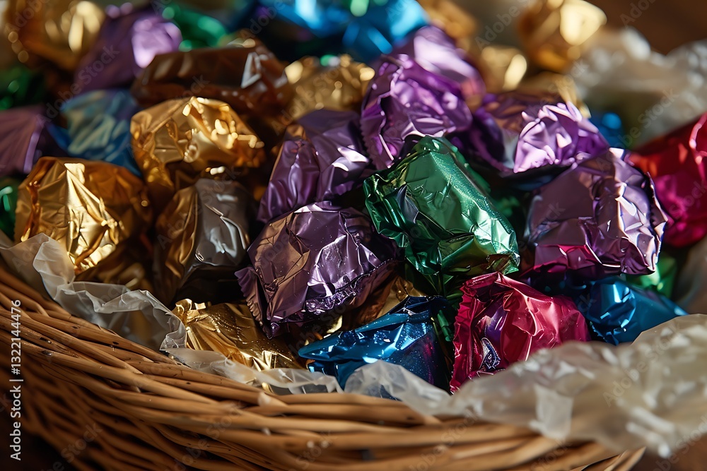 Poster an assortment of handmade toffees, wrapped in colorful foil and arranged in a wicker basket