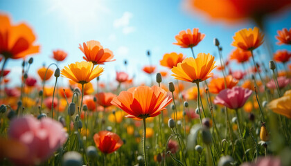 Obraz premium A Vibrant Field Of Poppies Basking In Summer Sunlight, Their Delicate Petals Dancing In A Gentle Breeze, Showcasing Natures Breathtaking Beauty With Warm, Sunny Hues