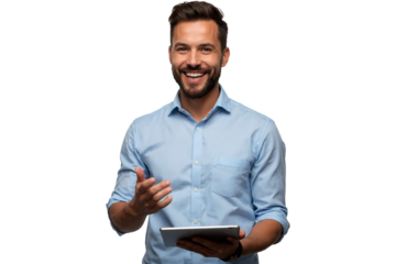 Young handsome man holding tablet, smiling nicely, isolated on transparent background