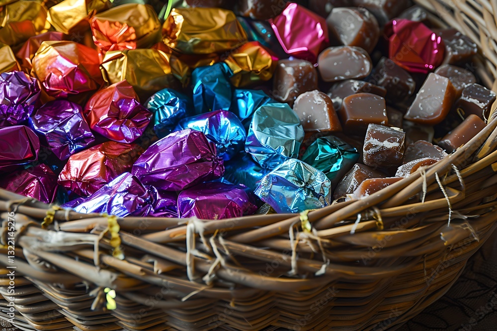 Poster an assortment of handmade toffees, wrapped in colorful foil and arranged in a wicker basket
