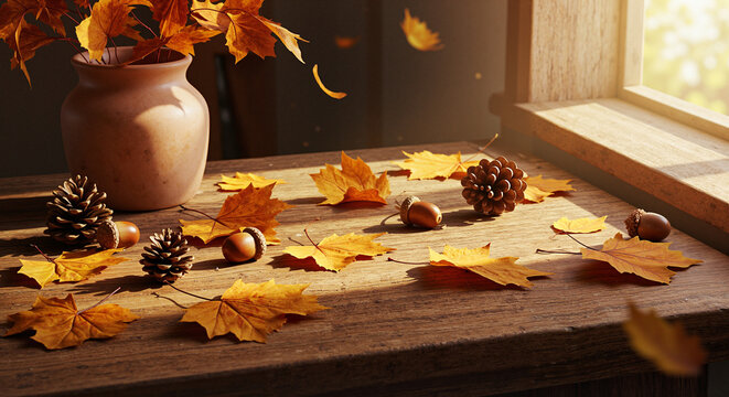 Autumn leaves, pine cones, and acorns on wooden table, in warm colors, representing fall season or Thanksgiving