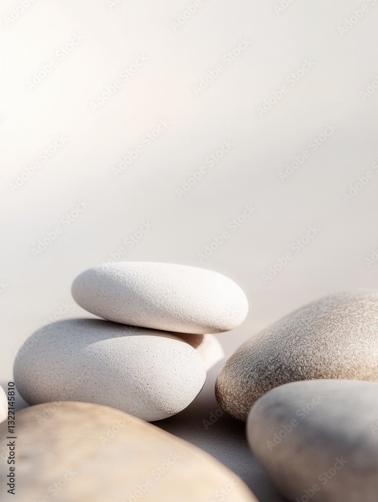 Poster smooth pebbles in a minimalistic zen-inspired setting with soft pastel gradients and gentle textures