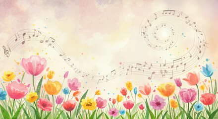 Watercolor flowers with musical notes in the sky