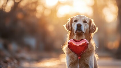 Golden Retriever dog holds a red heart-shaped balloon outdoors at sunset. Warm light and bokeh background