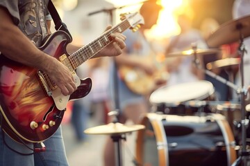 Fototapeta premium Playing Electric Guitar at Outdoor Concert During Golden Hour with Band