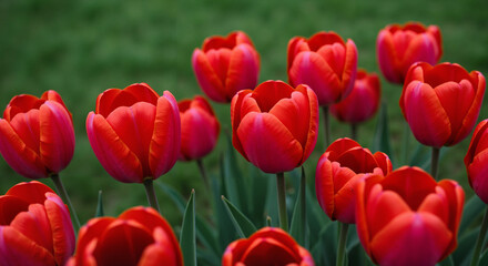 Red tulips blooming in a green field