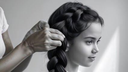 Fototapeta premium A mother styles her daughter's hair in a beautiful braid on Mother's Day. They share a joyful moment, highlighting their bond and love on this special occasion