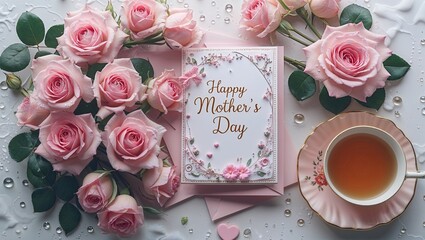 A beautiful arrangement features pink roses, a greeting card wishing Happy Mother’s Day, and a delicate cup of tea, capturing a moment of love and appreciation on a rainy day