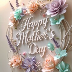 A beautifully crafted floral arrangement features the words Happy Mother's Day. Soft pastel colors enhance the celebratory mood, perfect for honoring mothers on their special day