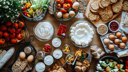 Food products. Packed cooking product, supermarket goods and canned food. Cookie jar, whipped cream and eggs pack. Supermarkets shopping, various vegetables flat vector isolated icons set