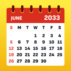 Calendar june 2033. June vector illustration. Summer arrives with warm days, vacations, and relaxation. Enjoy travel, beach adventures, and a refreshing break under the golden sun!
