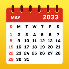 Calendar May 2033. Vector Calender illustration. May is filled with sunshine, blooming flowers, and renewed motivation. A time for growth, productivity, and embracing nature’s vibrant beauty