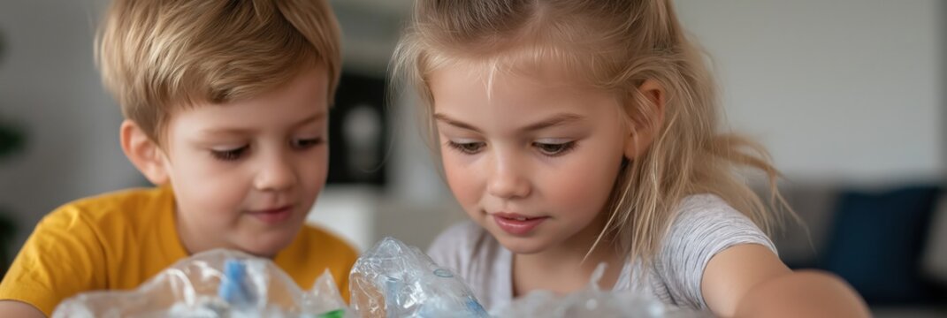 Two children excitedly sorting through collected plastic waste, promoting eco-awareness and responsibility towards the environment, embodying the importance of sustainability and teamwork.