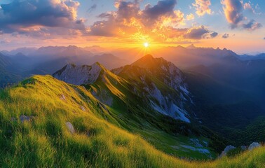 Obraz premium Majestic Mountain Landscape at Sunset with Vibrant Sky and Lush Green Hills in the Foreground, Capturing Nature's Splendor in Dusk Light