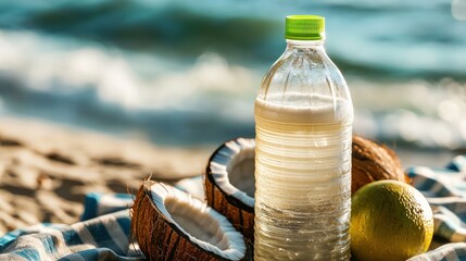 Obraz premium Coconut water bottle on beach towel with coconuts and citrus