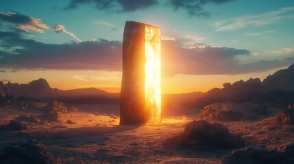 A glowing sunbeam illuminating an ancient monolith in the middle of a desert