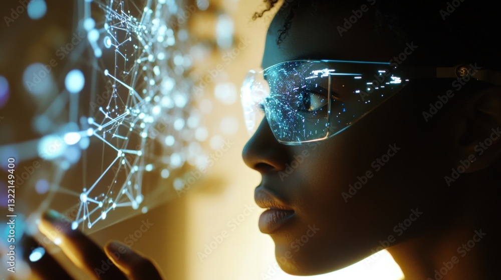 Poster businesswoman wearing futuristic augmented reality smart glasses is analyzing a complex data network