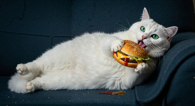 Funny white cat lounging on couch eating a hamburger