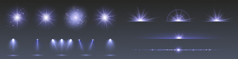 A collection of sun stars with radiant light rays and sparkling glow effects. Vector illustration featuring bright gold particles, glittering flares, and shining sunbursts.