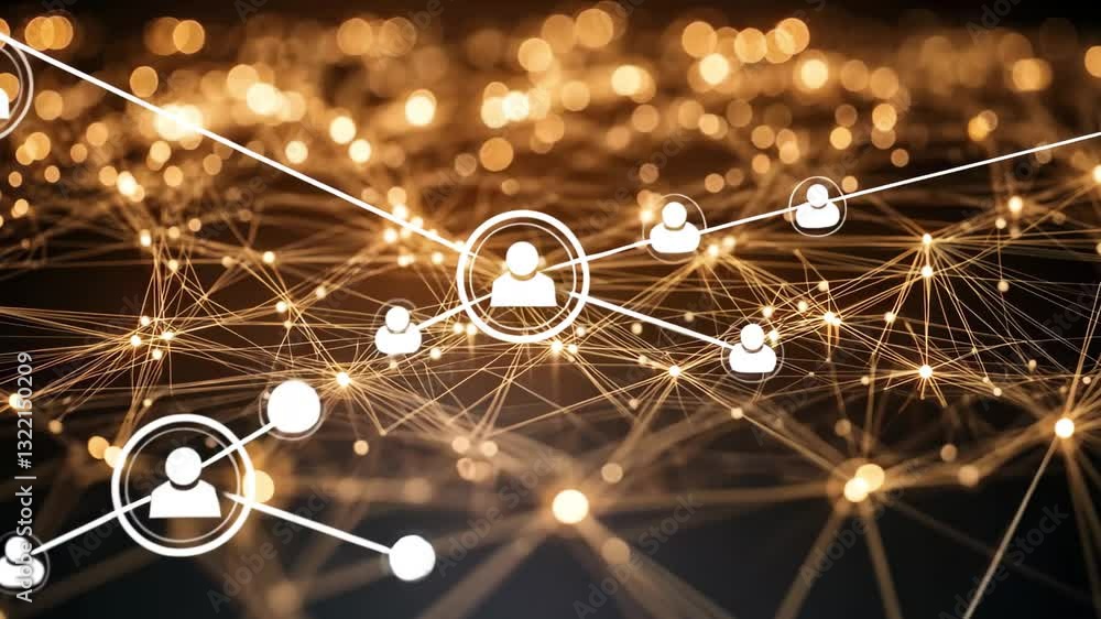 Poster glowing light spots create a network of connections against a dark background, light spots and netwo