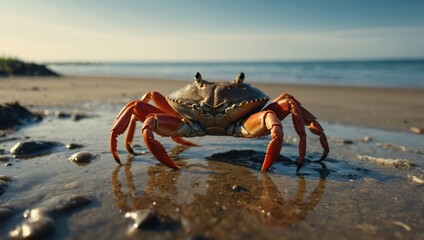 Detailed photo of a crab&rsquo;s claws and legs, with a sandy beach and pebbles around it