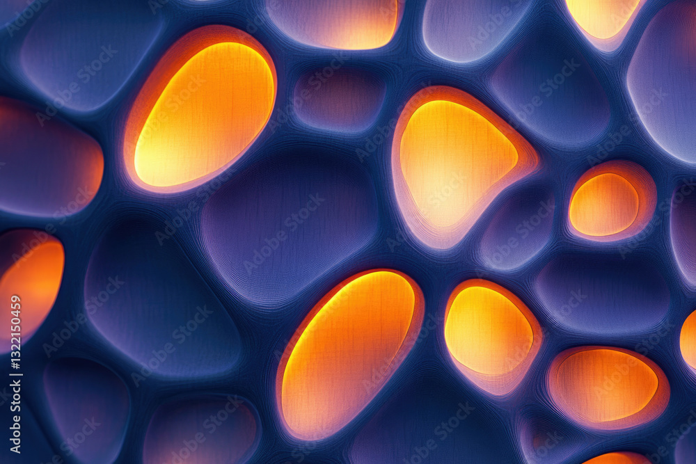 Poster Abstract 3D render of interconnected organic shapes with warm inner glow, creating a visually captivating texture.