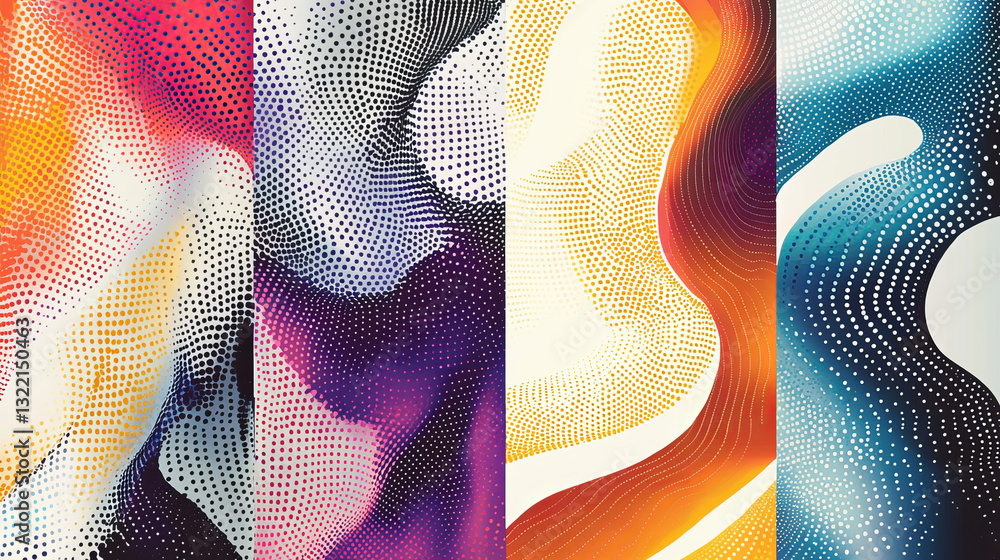 Poster abstract halftone shapes. liquid shape with dotted halftones gradient texture, pop art and comic gra
