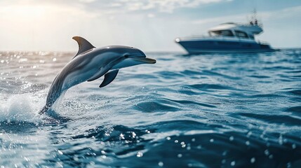 Fototapeta premium Dolphin happily jumping from the ocean surface near a boat 