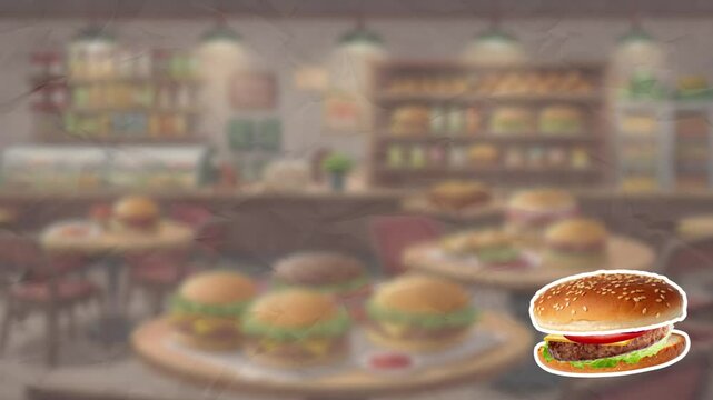 A juicy burger jumps into the frame and breaks into its ingredients, then gathers itself and falls. Fast food concept. Empty space for text. Smooth animation on color paper background