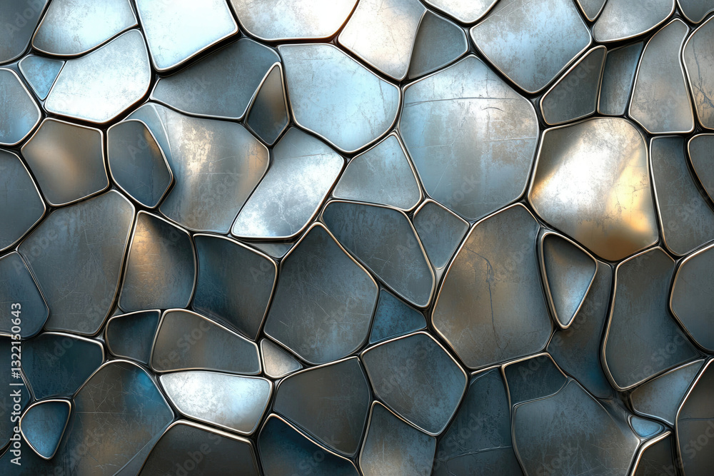 Poster abstract metallic background with irregular, glossy, and textured stone-like shapes.