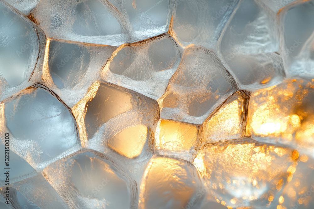 Leinwandbilder abstract image of ice crystals backlit by warm light, creating a textured, polygonal pattern.