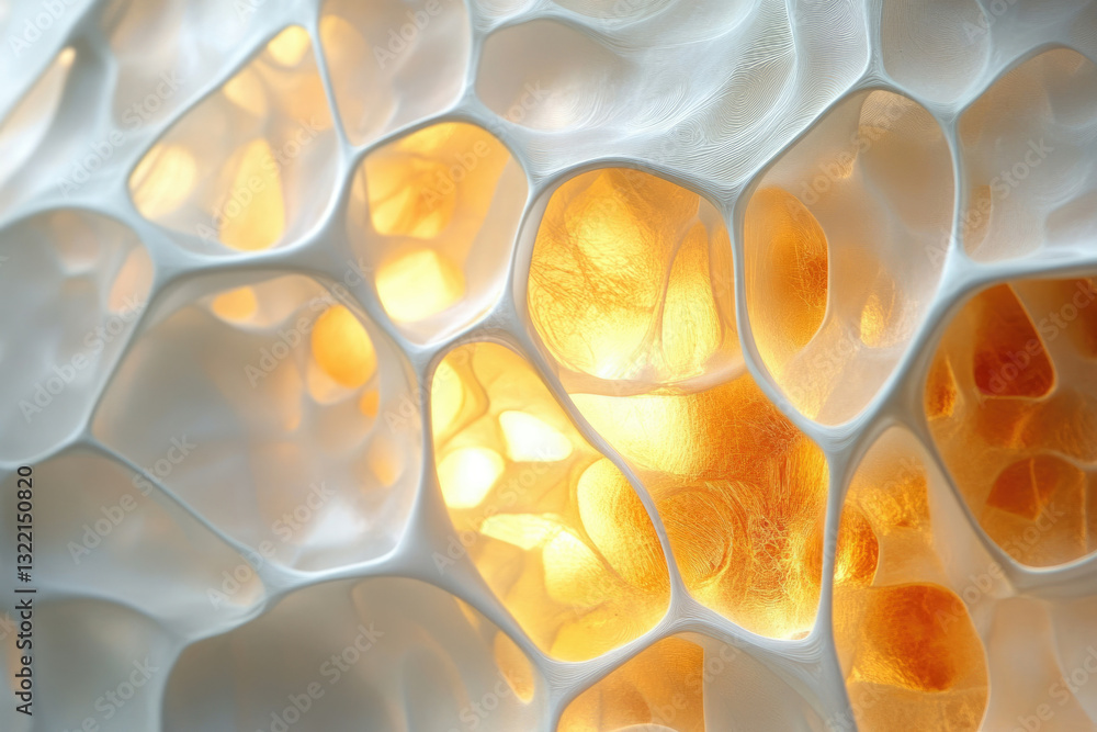 Poster abstract image depicting a porous, interconnected structure with warm, golden light illuminating its