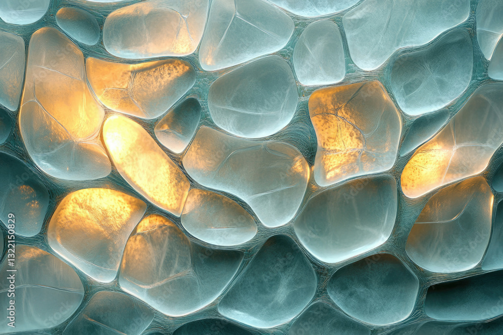 Poster Abstract image of interconnected, translucent, pebble-like shapes with warm interior lighting.