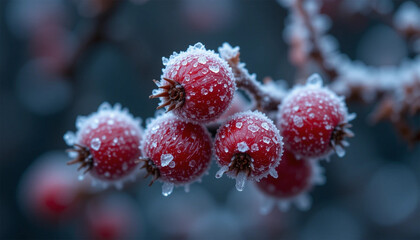 Frozen Berries Clinging To A Winter Branch, A Delicate Display Of Natures Resilience In A Frosty, Muted Landscape