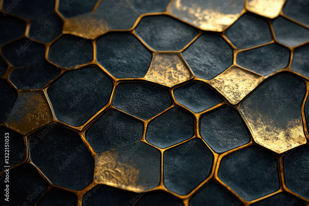 Poster abstract dark blue and gold hexagonal pattern, textured and luxurious background.